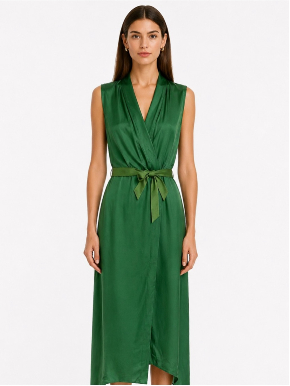 Massimo Dutti Silk Green Wrap Caftan Dress Midi Relaxed Fit Medium